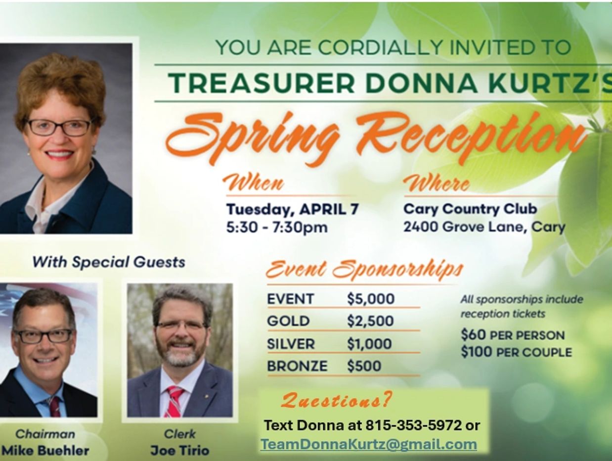 Invitation to Treasurer Donna Kurtz's Spring Reception on April 7 at Cary Country Club.
