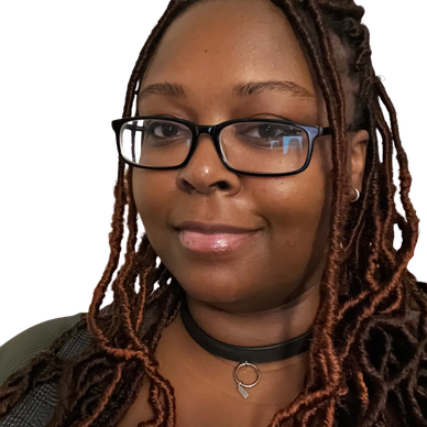 Woman with glasses and braided hair, smiling gently.