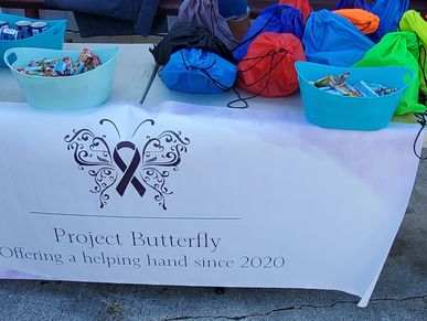 Project Butterfly table with colorful bags and snacks for helping hand.