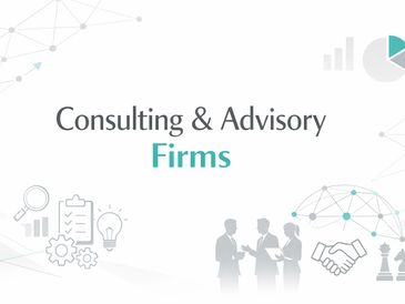 Consulting and advisory firms concept with business icons and silhouettes.