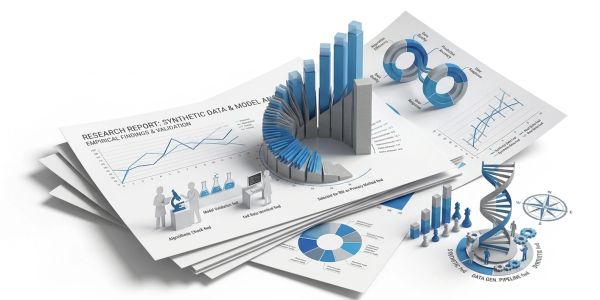 3D scientific data charts and DNA model on research reports.