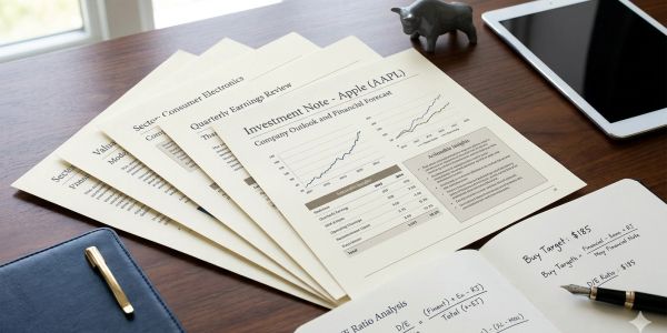 Investment notes and financial reports on a desk with a tablet and pen.