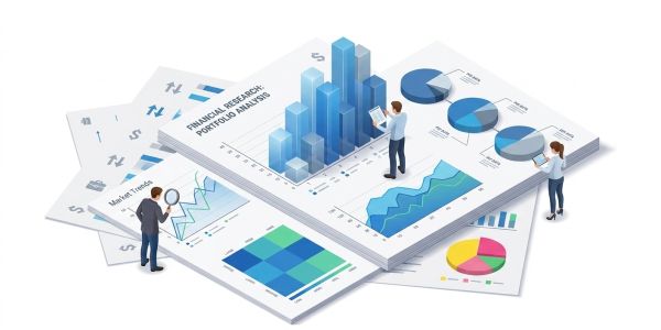 Miniature people analyzing large financial charts and graphs.