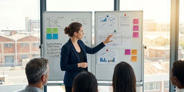 Woman presenting data and charts on whiteboards to an audience in a modern office.