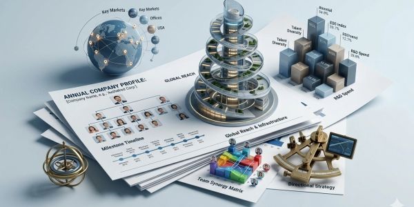 3D business charts and models illustrating company strategy and global reach.