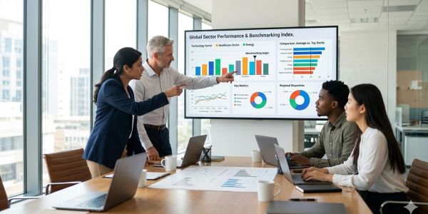 Business team discussing data charts on a screen in a modern office.