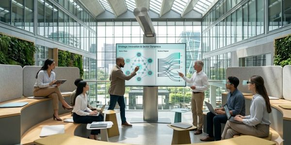 Business team discussing strategy around a digital presentation in a modern office.