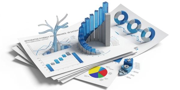 3D charts and graphs emerging from data sheets showing financial analysis.