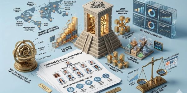 3D infographic of a central valuation framework with charts, scales, and intellectual property symbols.