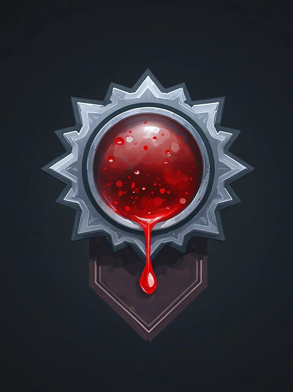 A red, blood-like orb dripping inside a silver star-shaped frame on a dark background.