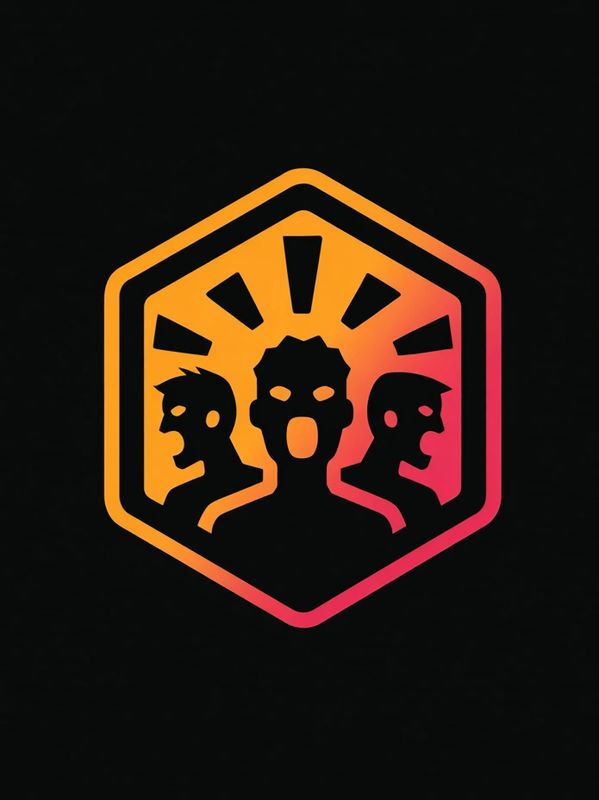 Three stylized screaming faces in a hexagonal frame with an orange to pink gradient.