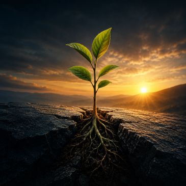 A plant growing through cracked soil at sunset.