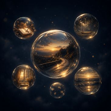 Magical bubbles showing different serene scenes.