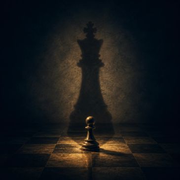 Pawn casting a king's shadow on a chessboard.