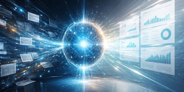 Digital sphere connecting data streams with futuristic analytics displays.