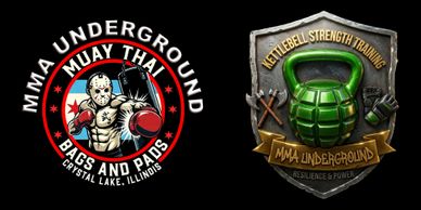 Logo of MMA Underground with Muay Thai gloves and pads.