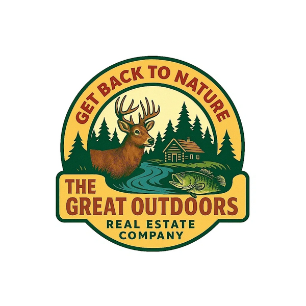 Logo with deer, fish, cabin, and forest promoting outdoor real estate.