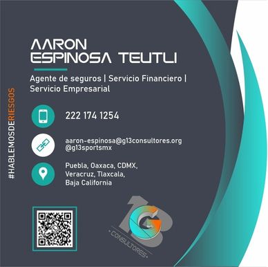 Tarjeta de presentación de agente de seguros Aarón Espinosa Teutli.