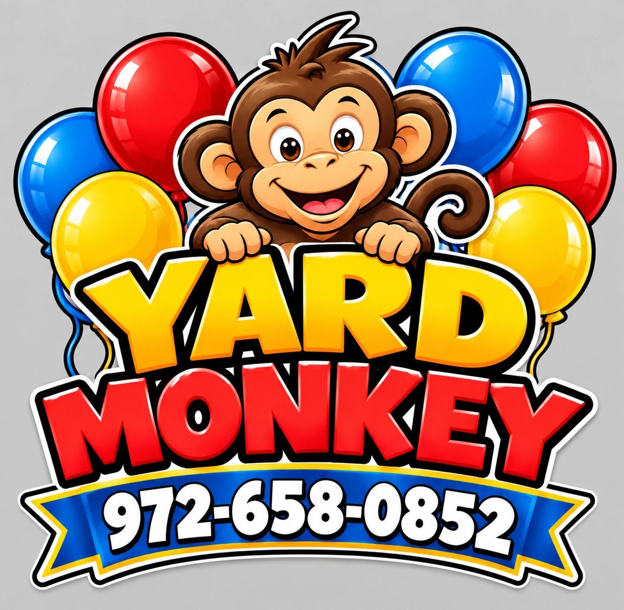 Happy cartoon monkey with balloons and phone number.
