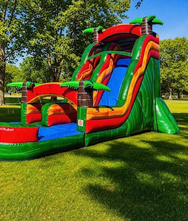 Colorful inflatable slide with palm tree decorations in a park.