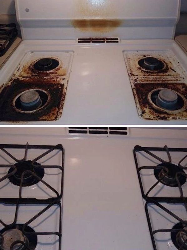 Before and after cleaning a stained gas stove.