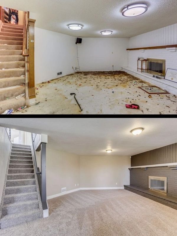 Before and after basement renovation showing carpet and cleanliness improvement.