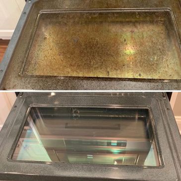 Before and after cleaning of an oven door glass.