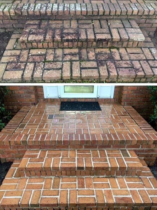 Before and after cleaning brick steps.