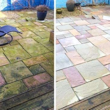 Before and after patio cleaning.