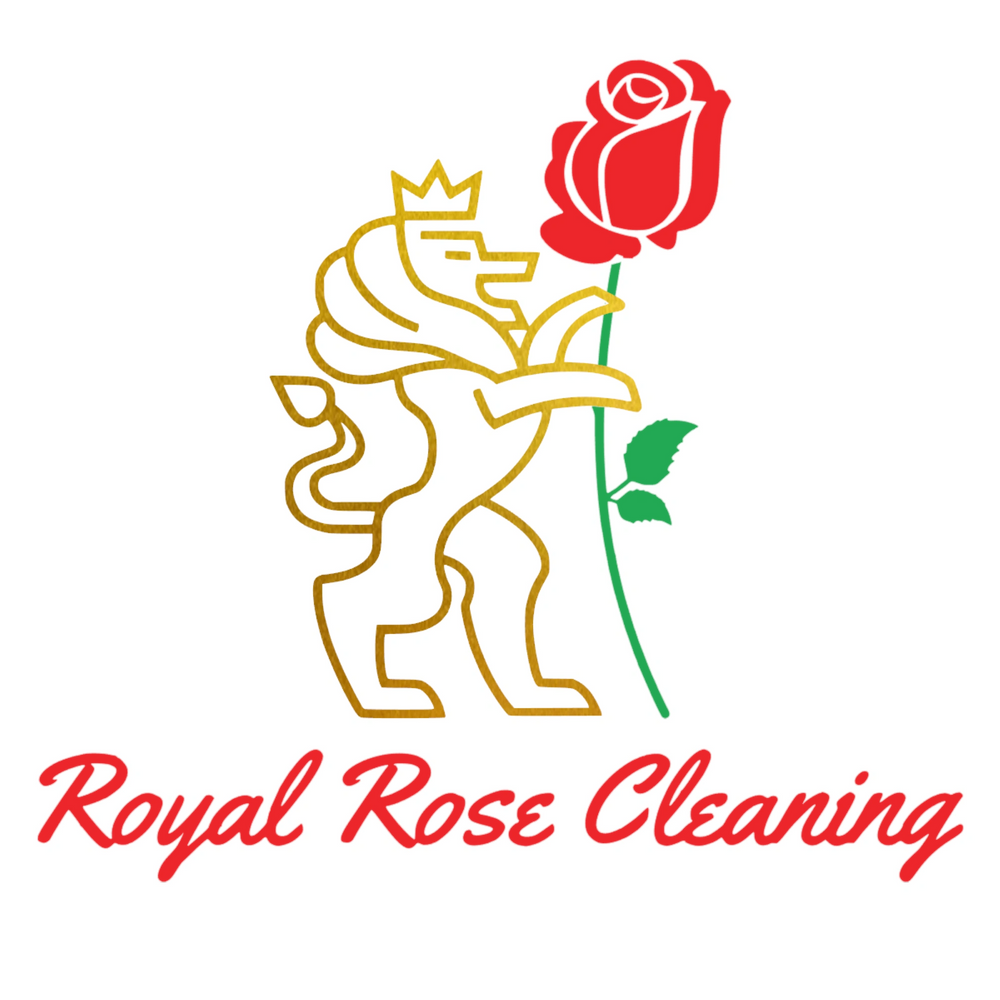 Golden lion with crown holding a red rose, text 'Royal Rose Cleaning'.