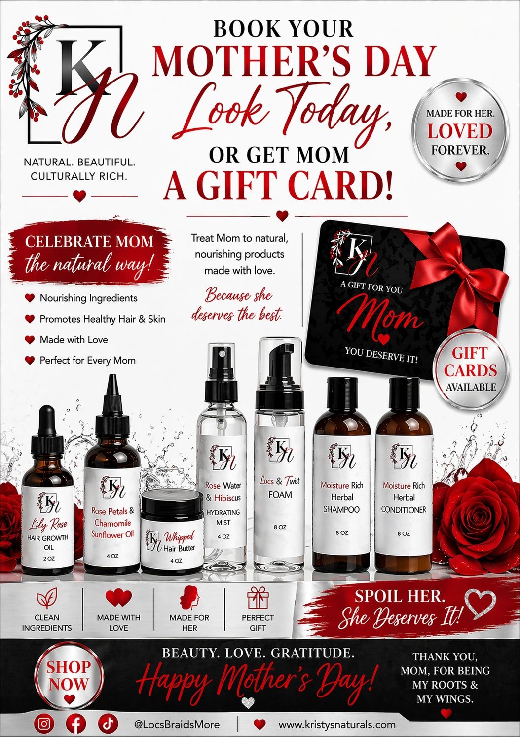 Celebrate Mother's Day with Kristy's Naturals gift cards and all-natural hair care products.