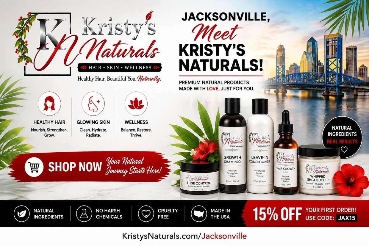 Kristy's Naturals promotes natural hair, skin, and wellness products with a 15% discount for Jacksonville customers.