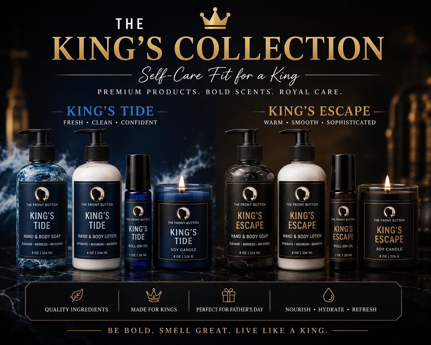 The King's Collection features premium self-care products with two scents: King's Tide and King's Escape.