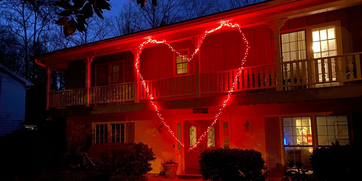 Huge heart from Christmas lights in red for Valentine's Day. 