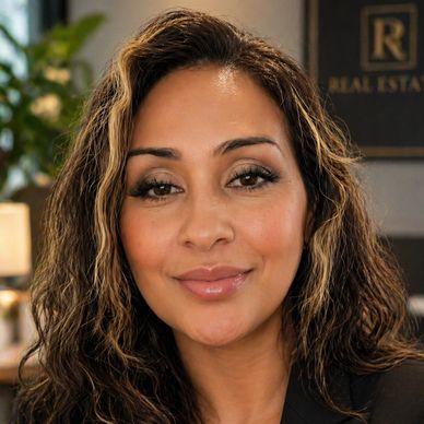 Confident woman with wavy hair smiling gently in an office setting.