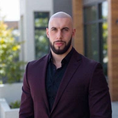 A confident man with a bald head and beard wearing a dark suit outdoors.
