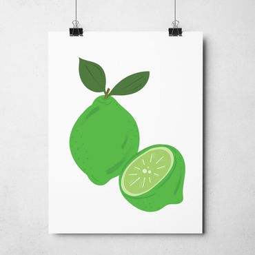 Poster featuring a large illustration of a green lime with leaves alongside a halved lime.