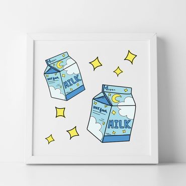 Framed art print with an illustration of cute blue milk carton boxes with clouds, stars, and moon.