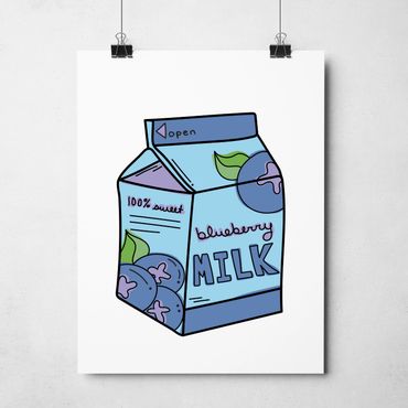Poster with an illustration of a cute blueberry milk carton.