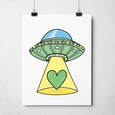 Poster with an illustration of a cute green and blue UFO beaming up a green heart.