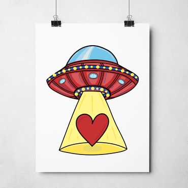Poster with an illustration of a cute red and blue UFO beaming up a red heart.