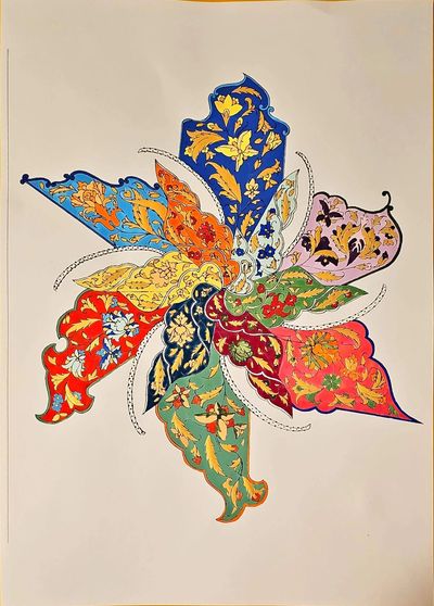 Colorful abstract floral pattern resembling a vibrant, multi-petaled flower on a white background.