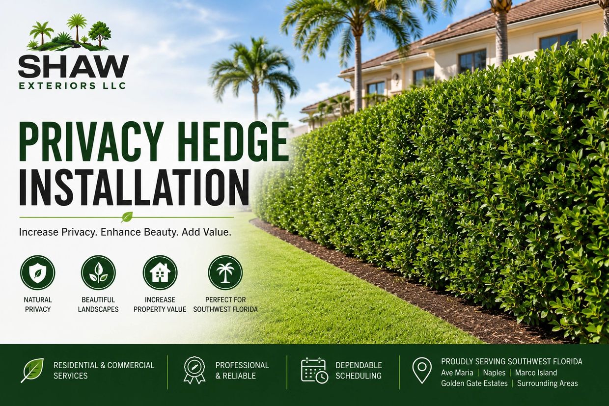 Professional privacy hedge installation by Shaw Exteriors featuring lush green privacy hedges, manic
