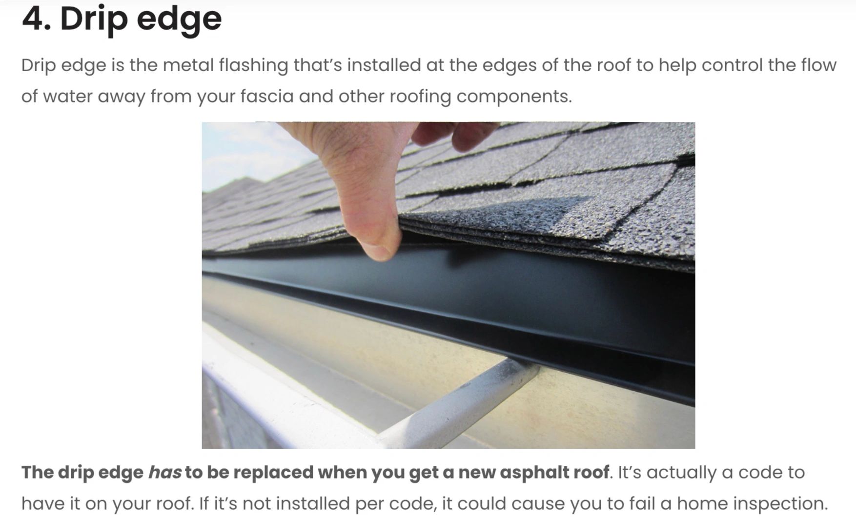 Metal drip edge installed under roof shingles to direct water flow.