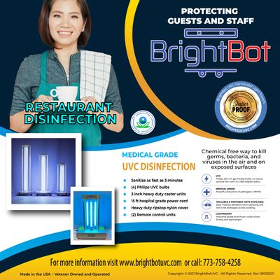 brightbot UVC germicidal tower for UV disinfection of restaurant