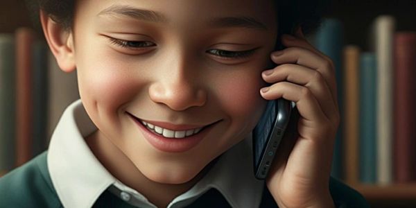 A smiling boy talking on a smartphone indoors.