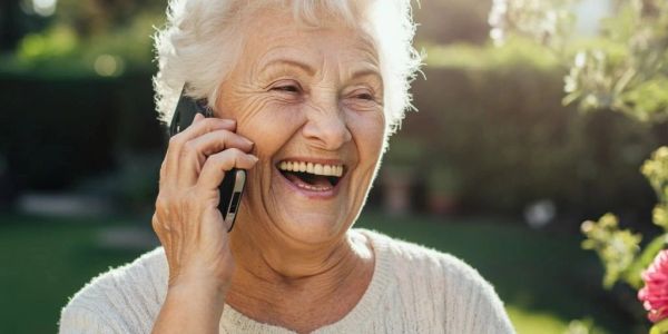 Elderly woman joyfully talking on a phone outdoors.