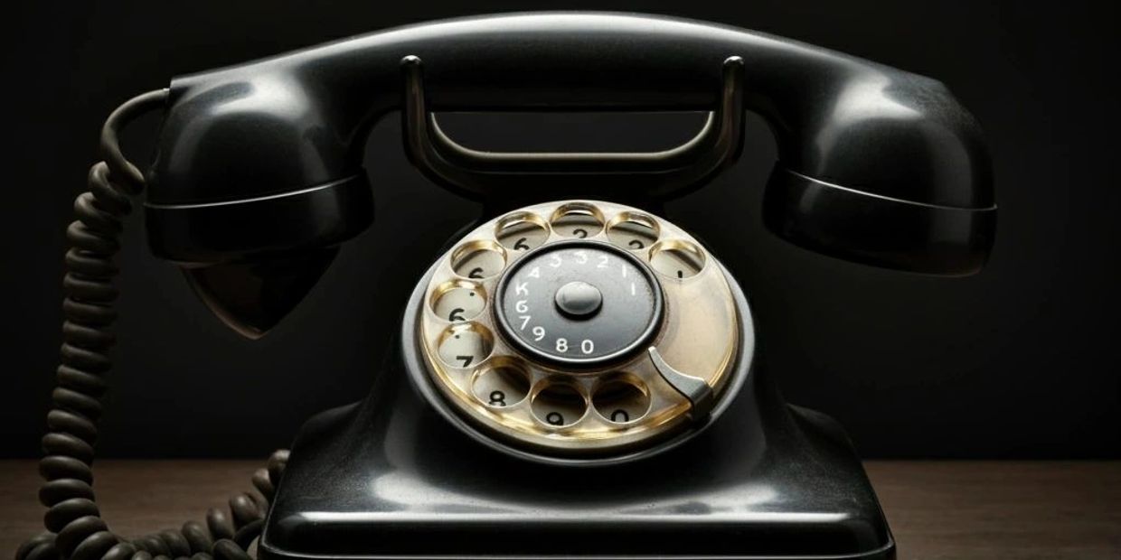 A classic black rotary dial telephone with a coiled cord on a wooden surface.