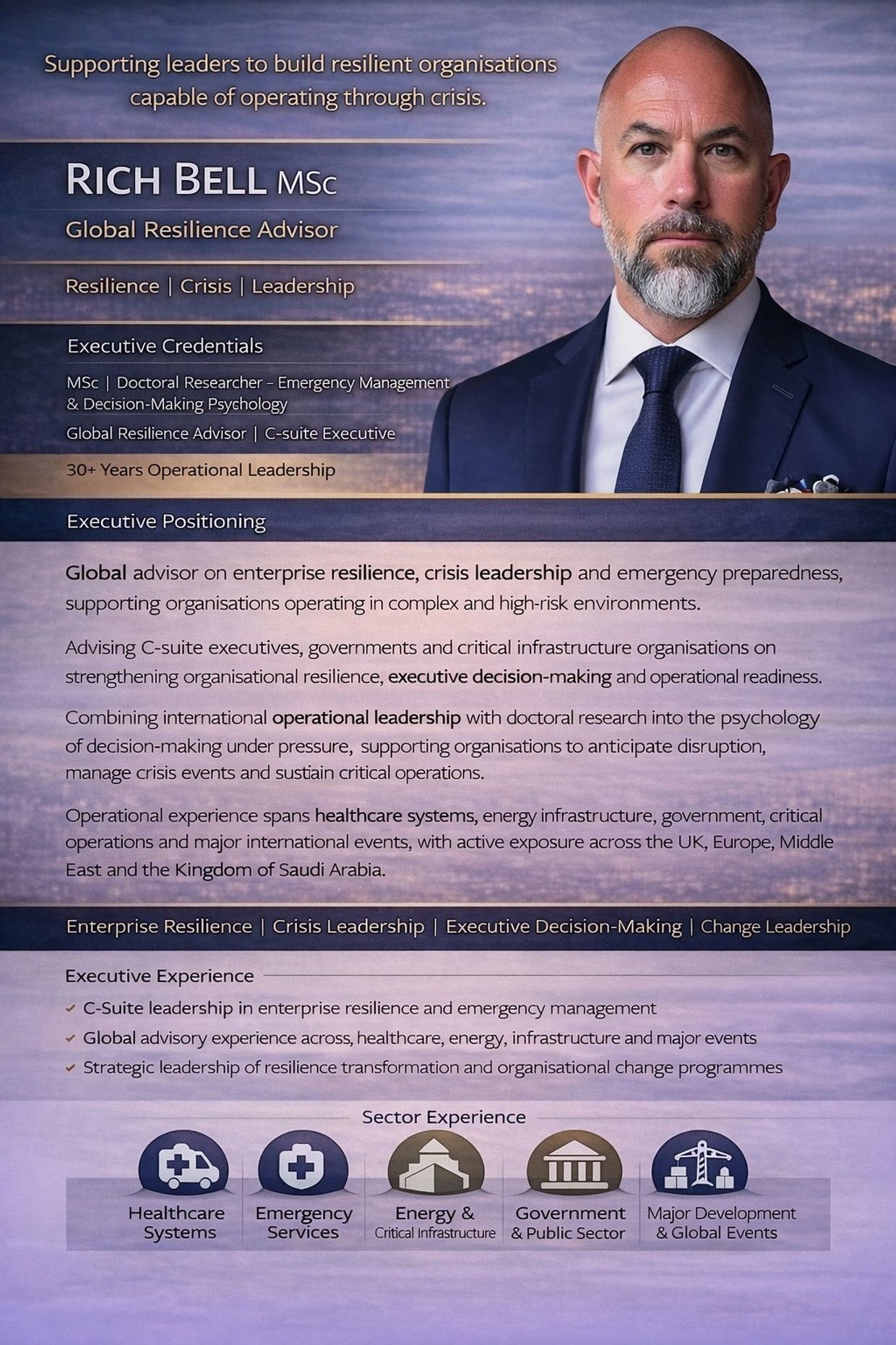 international management consultant with decades of experience preparedness, and business resilience