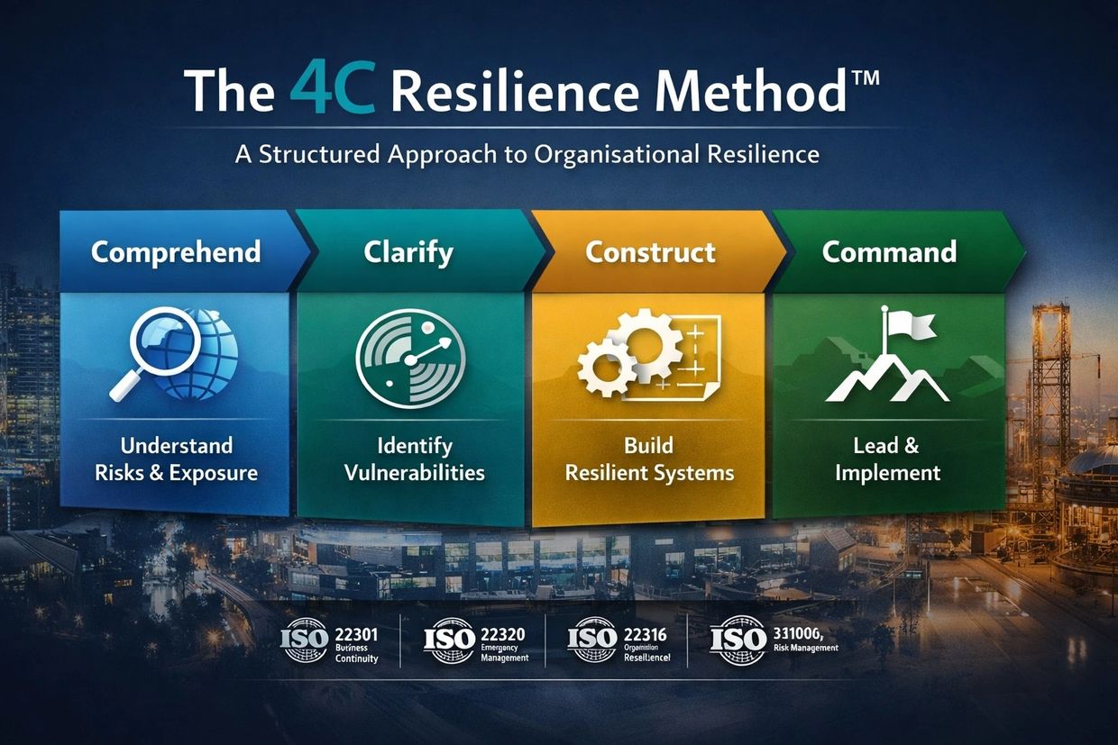resilience across crisis governance, emergency preparedness, business continuity, and leadership.